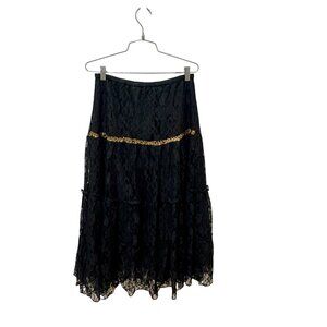Black Lace Tiered Maxi Skirt With Gold sequin Accents Whimsy Goth Boho Chic NEW